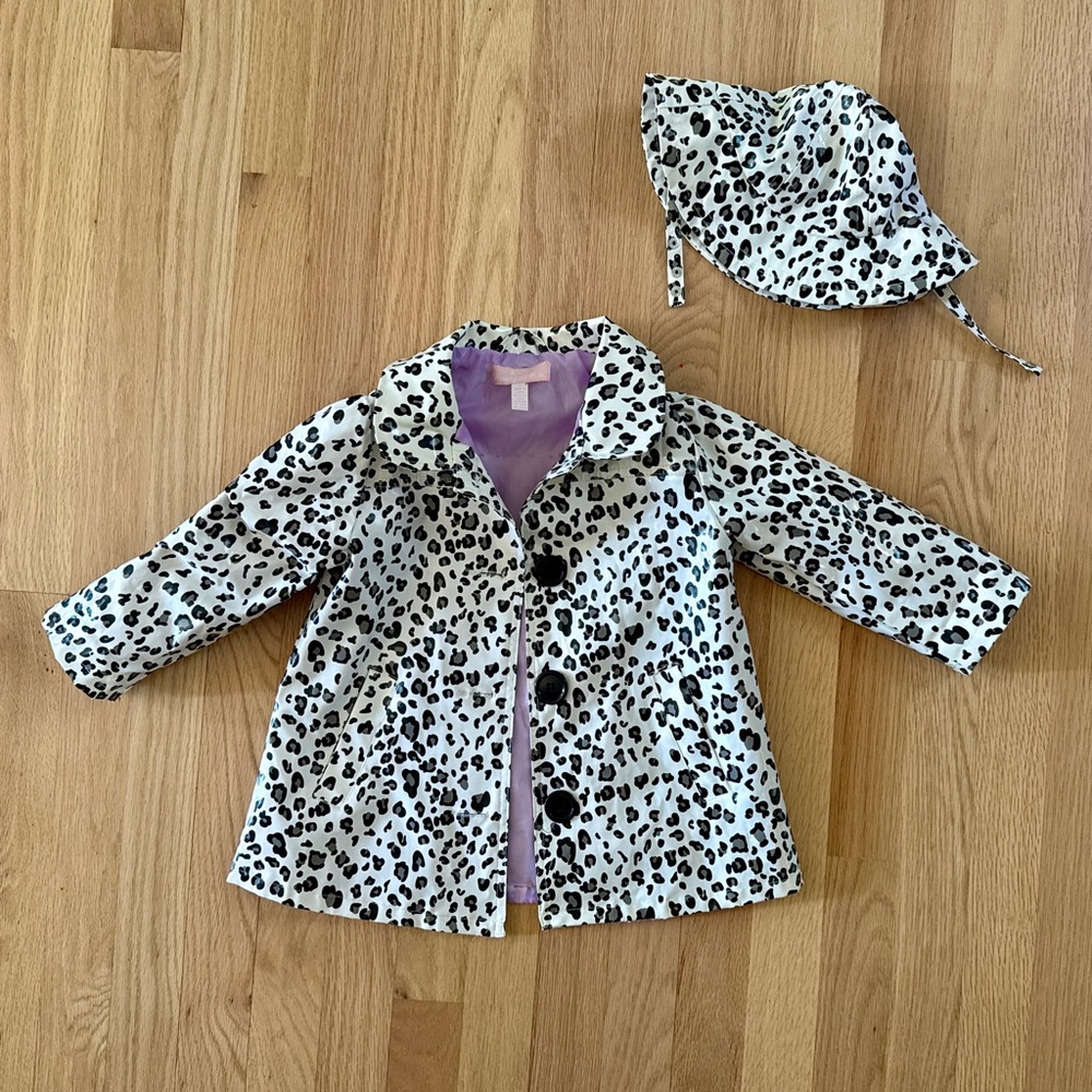Kids Headquarters size 3T Black & White Leopard Raincoat/ Rain Jacket and Hat